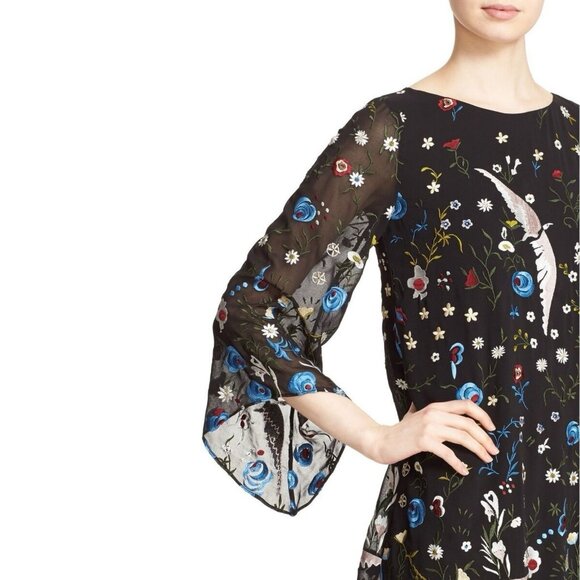 Alice + Olivia Eleonora Dress M Silk Embroidered Floral Bird Flare Sleeve Fairy - Picture 2 of 16